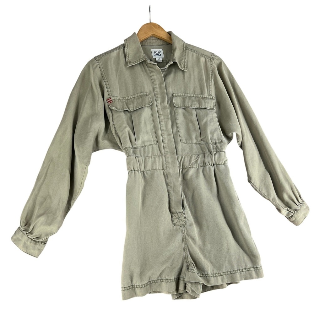 BDG Urban Outfitters Khaki Tan Utility Romper Long Sleeve Button Front Small - Picture 2 of 14
